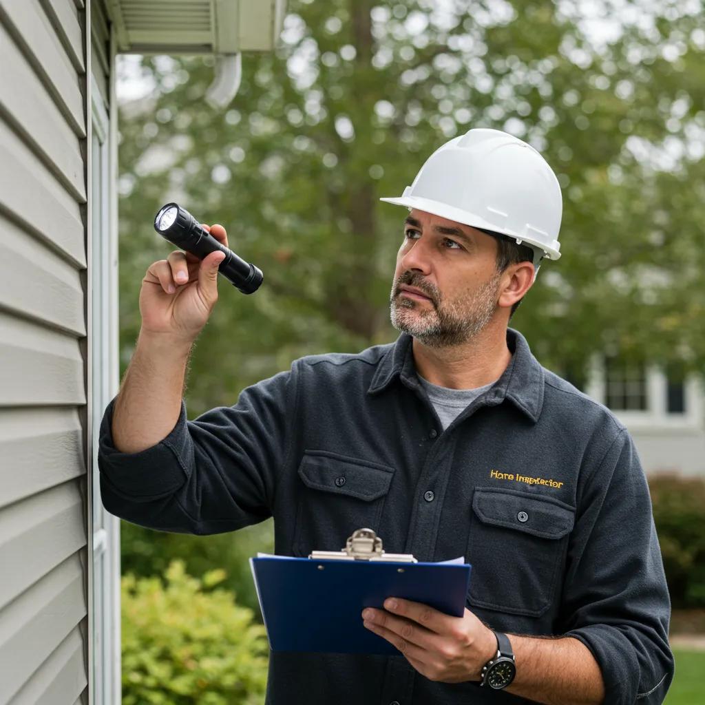 Home inspector evaluating exterior house features with flashlight and clipboard, emphasizing professionalism and reliability in home inspection services.