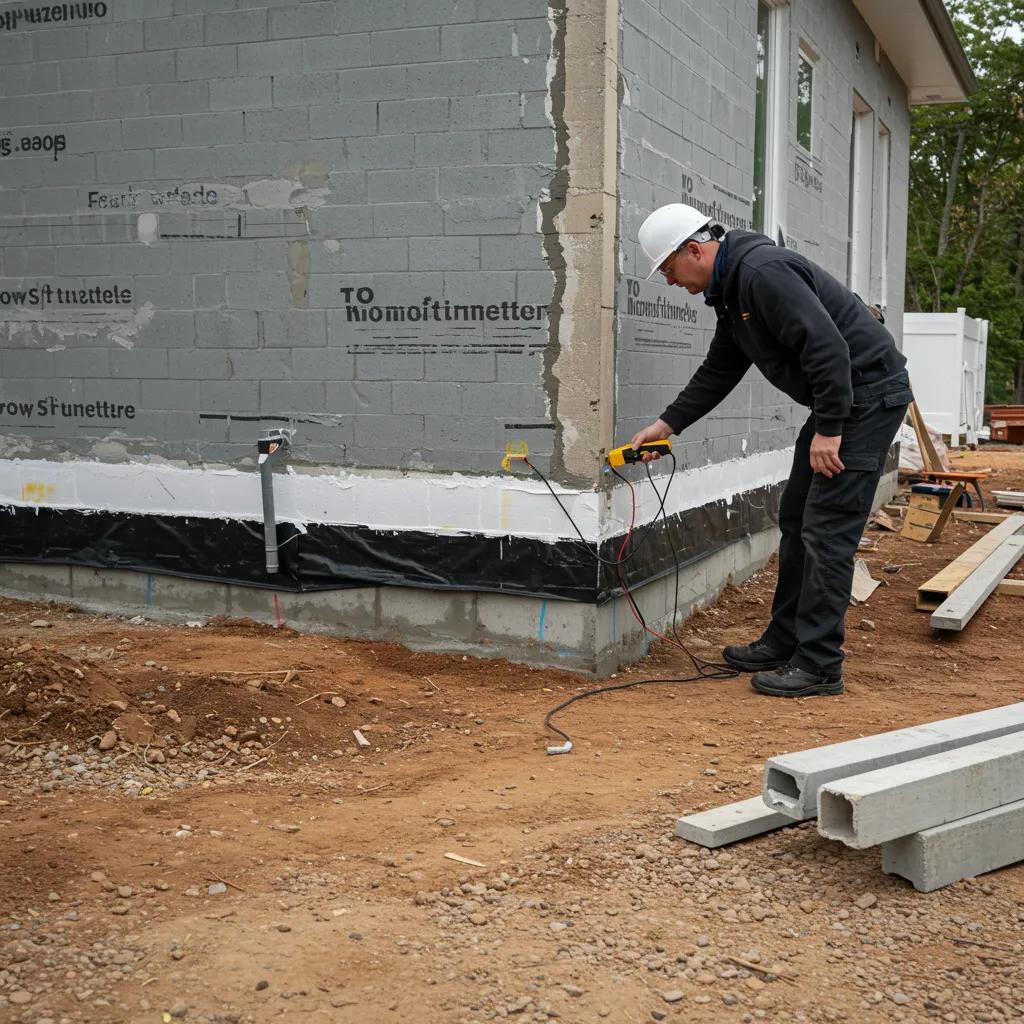 Home inspector using a moisture meter on the foundation of a new construction home, assessing for potential moisture issues and ensuring quality and safety in building.
