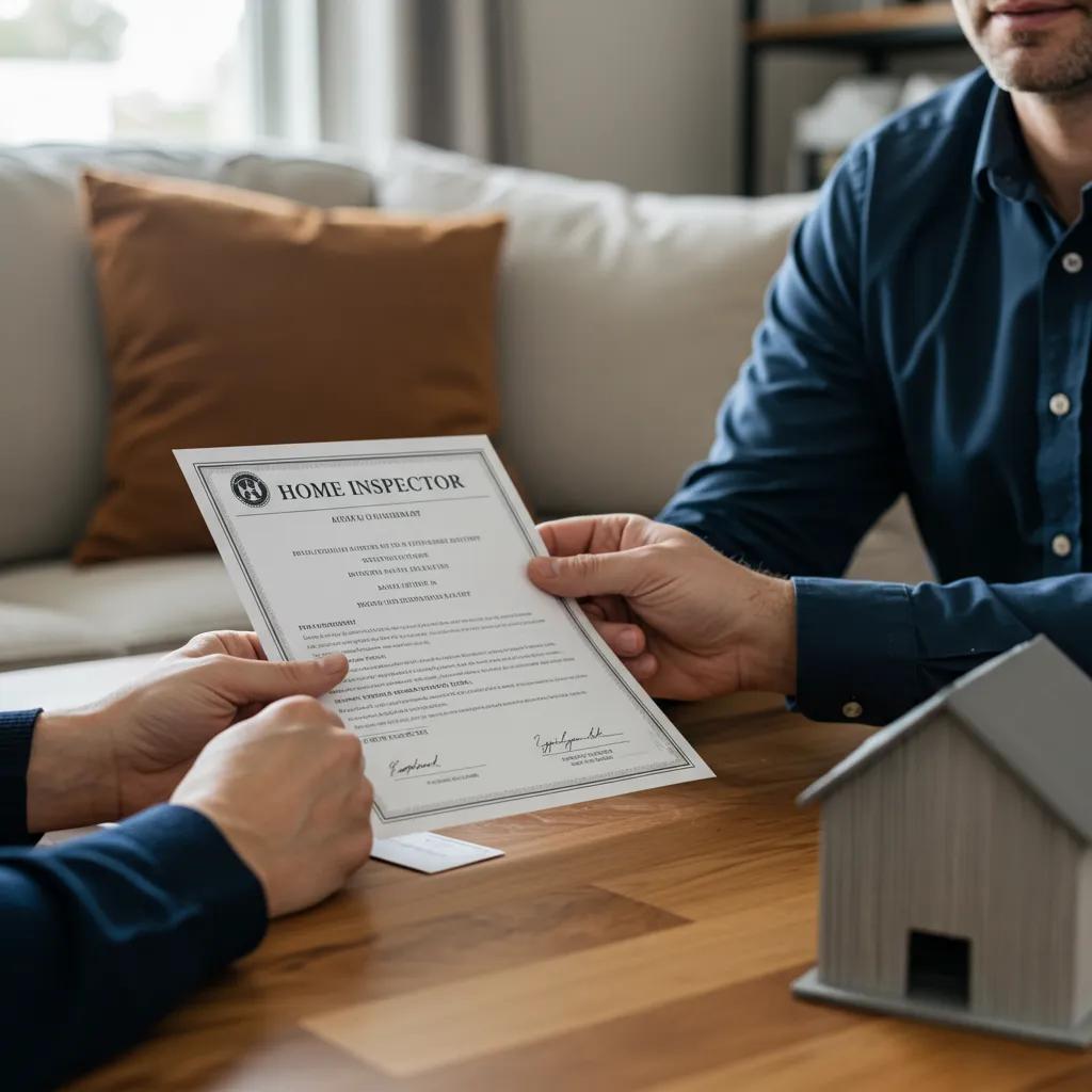 Home inspector presenting certification documents to a client, emphasizing verification of qualifications and professionalism in home inspection services.