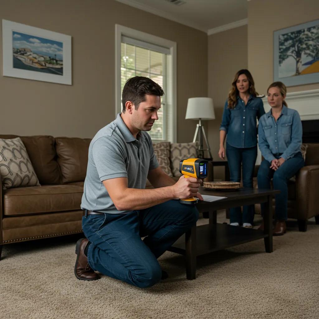 Home inspector using thermal imaging camera during home inspection, assessing property condition with clients observing, emphasizing the importance of thorough inspections.