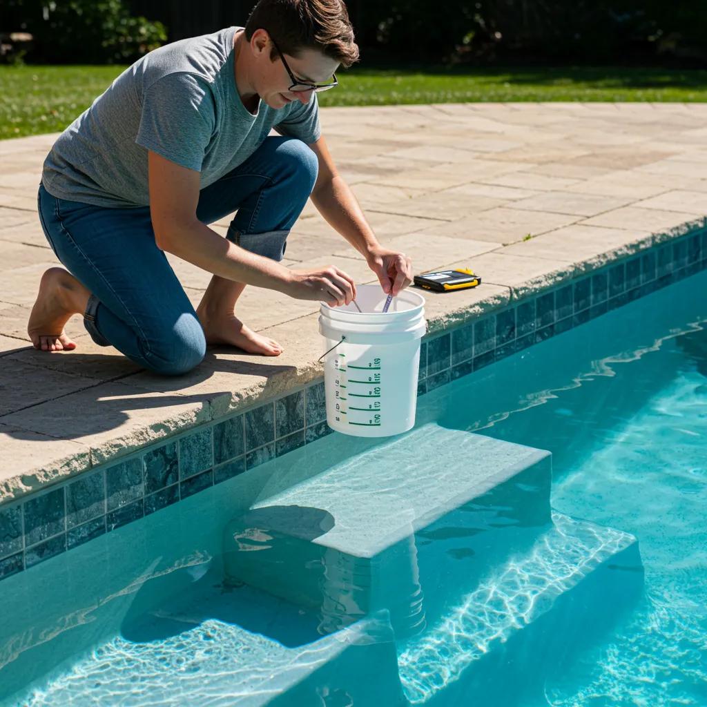Homeowner conducting a bucket test to identify pool leaks, measuring water levels against evaporation, with a pool step and clear water background.