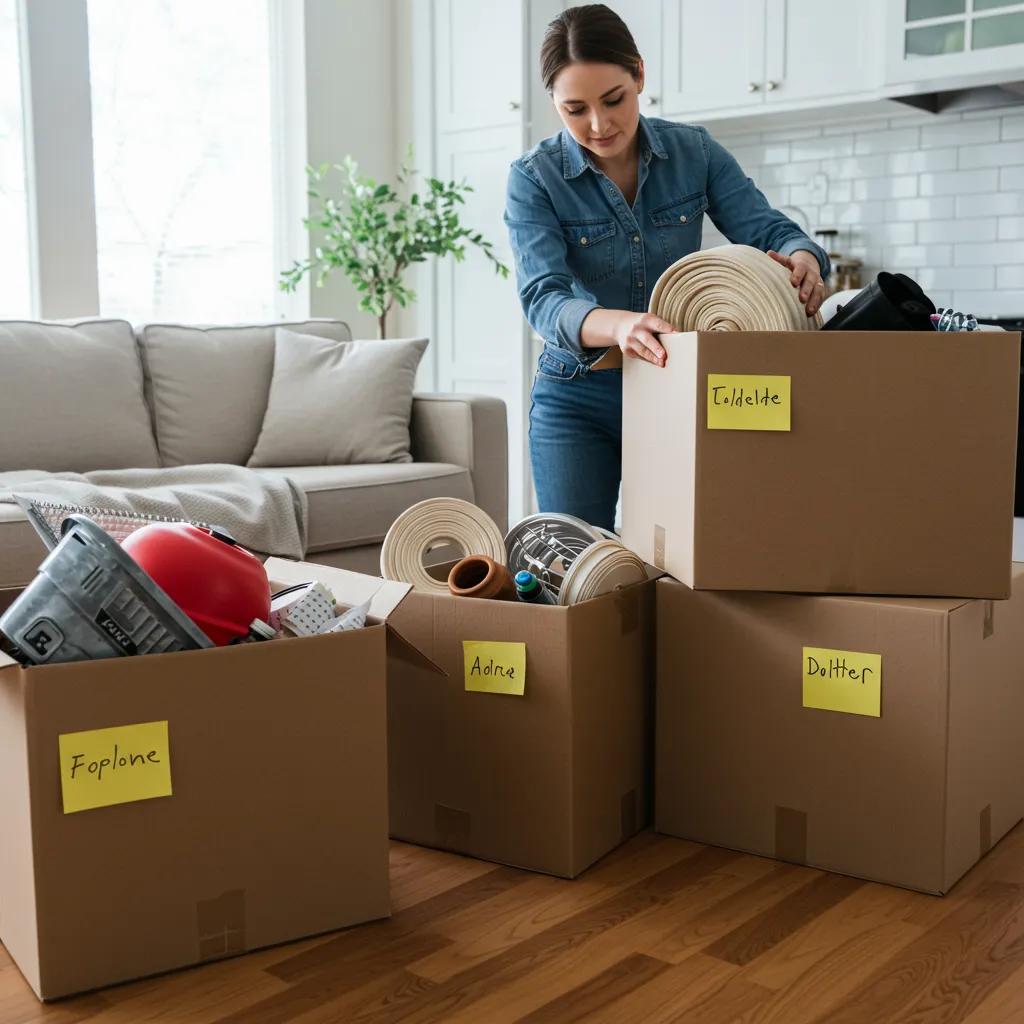 Woman organizing labeled boxes for decluttering, preparing for home inspection, with a focus on efficient access to key areas.