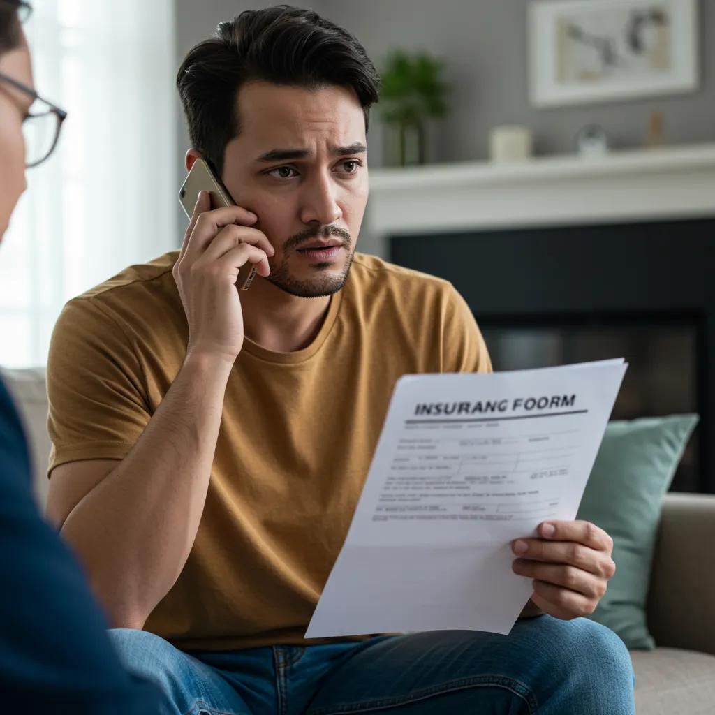 Man discussing homeowners insurance claims on phone while reviewing an insurance form in a cozy living room setting.