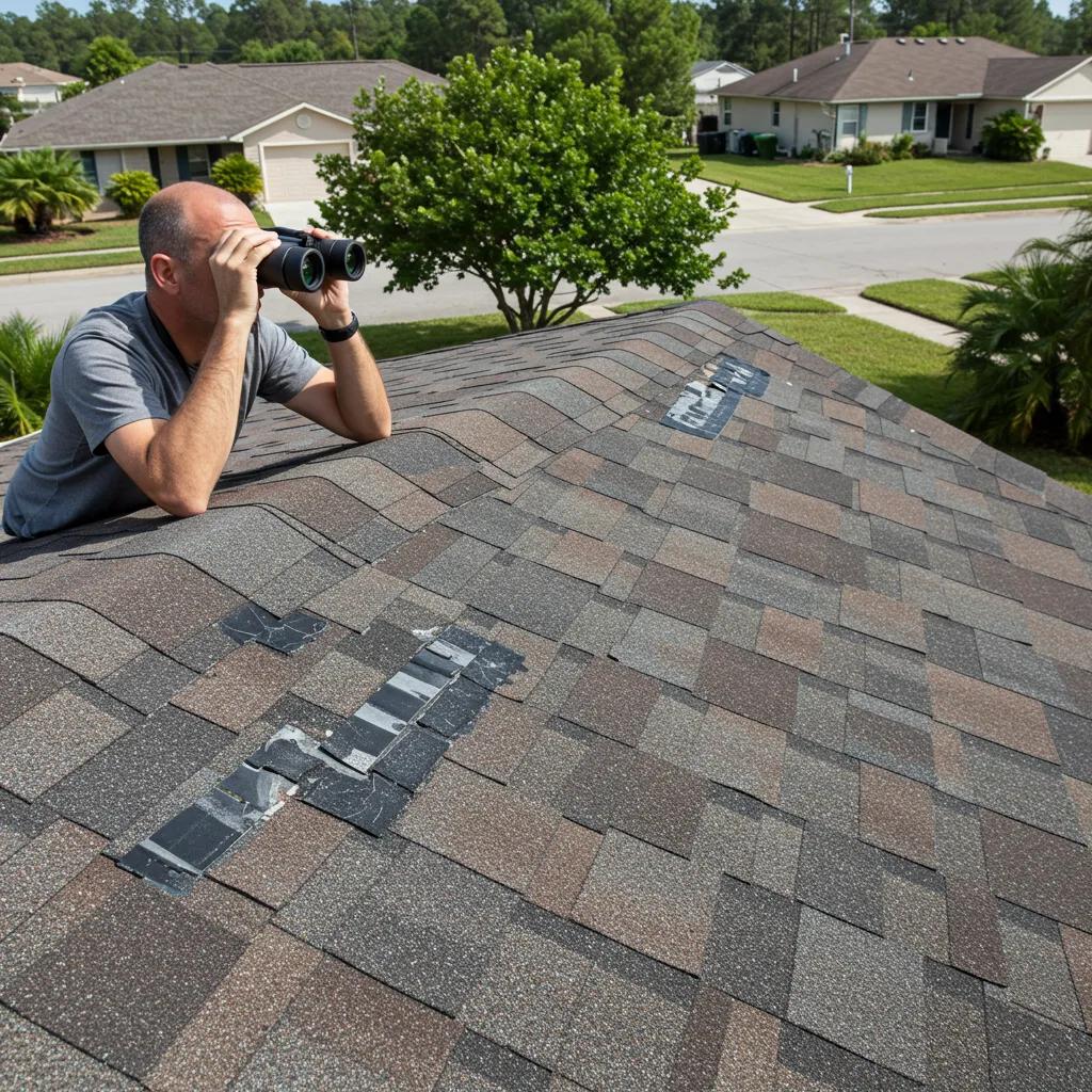 Homeowner inspecting roof for signs of damage with binoculars in a sunny Florida setting