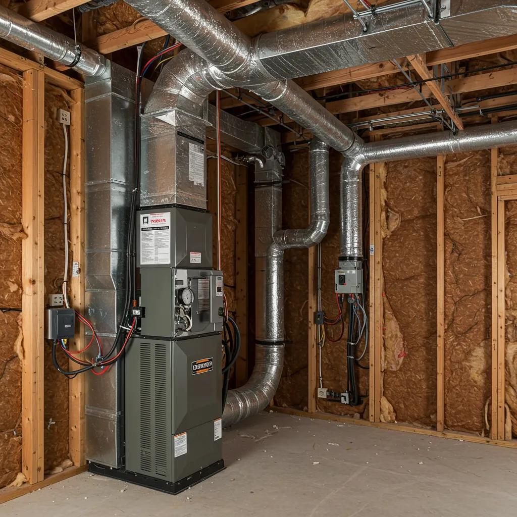 HVAC system installation in a new construction setting, featuring ductwork and equipment, highlighting the importance of performance inspection for energy efficiency and indoor air quality.