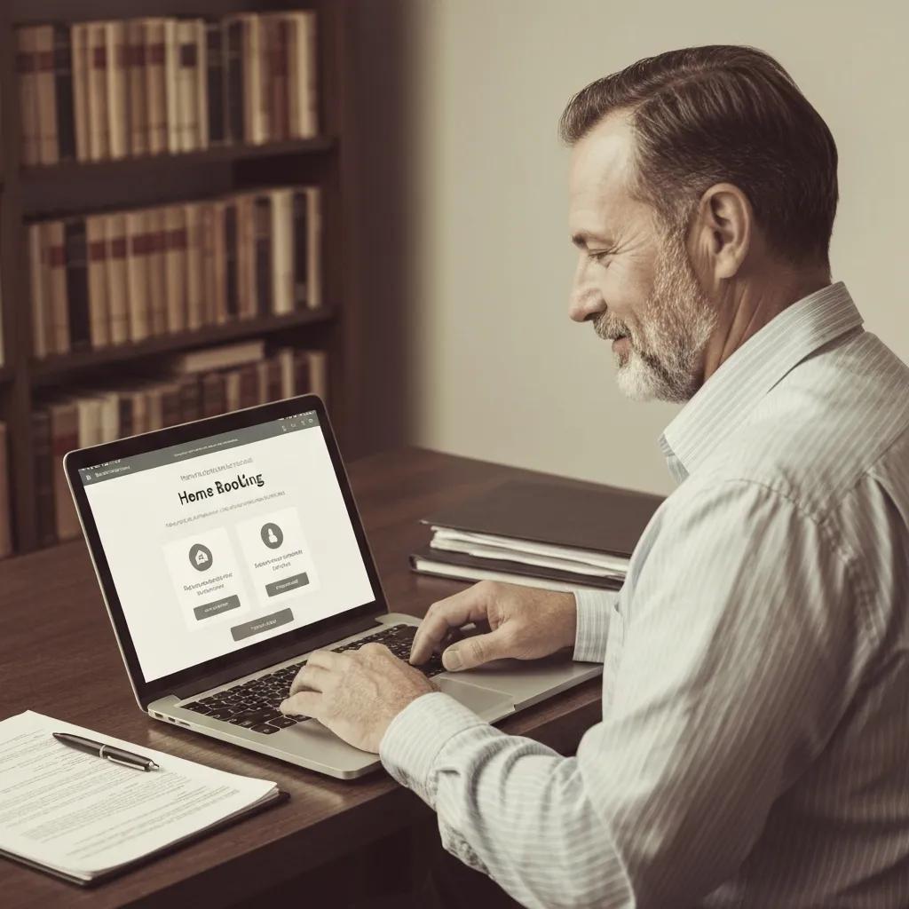 Person booking a home inspection online using a laptop, showcasing the booking interface