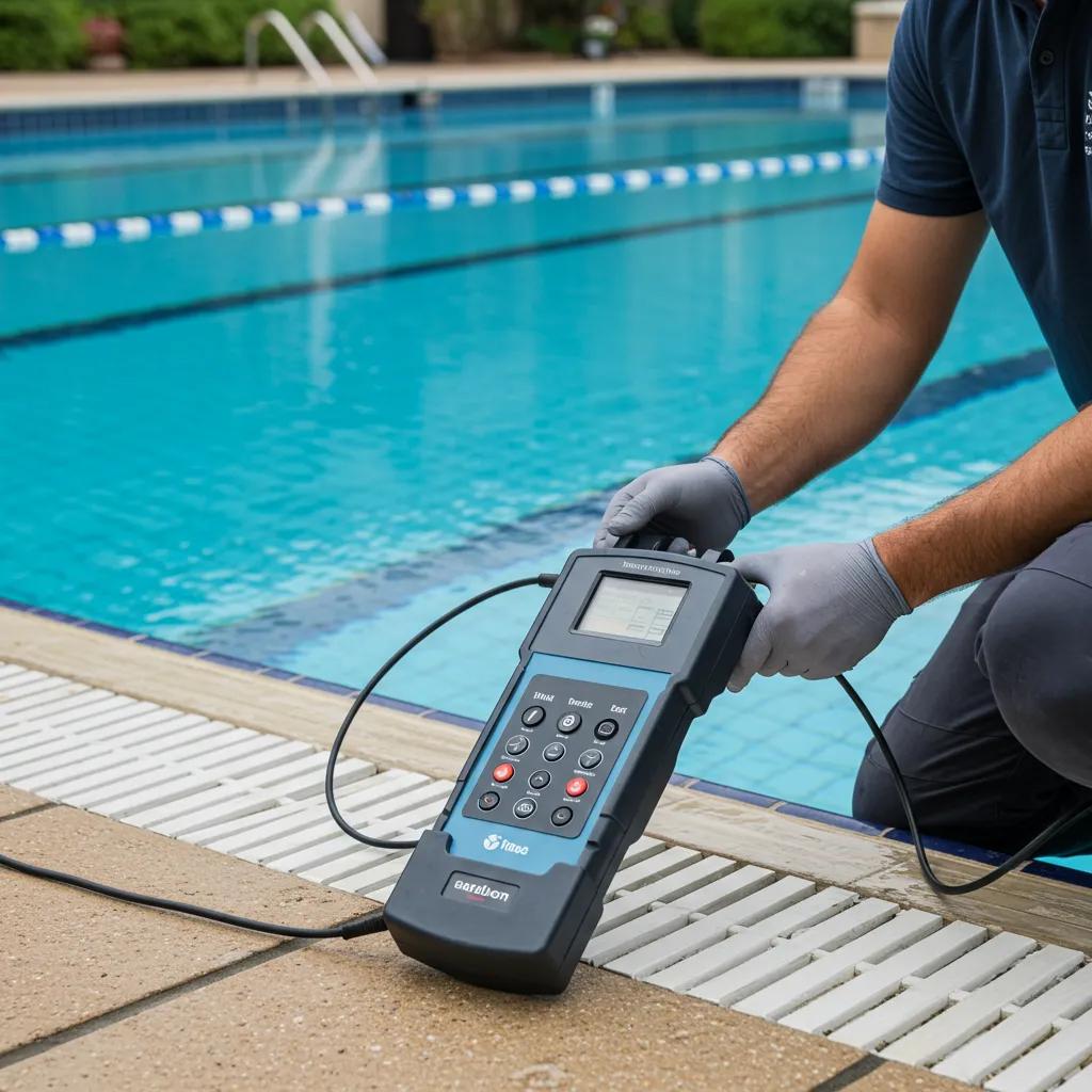 Pool technician using advanced leak detection equipment near a swimming pool, demonstrating professional diagnostic methods for identifying leaks and ensuring pool maintenance.