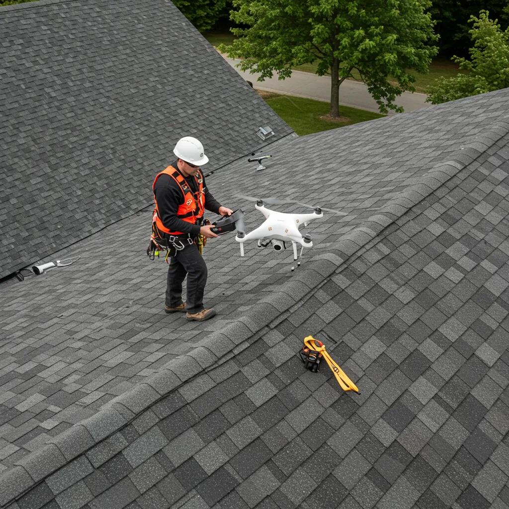 Professional roof inspector operating a drone on a shingle roof, emphasizing advanced inspection techniques for hidden roof issues in Florida.