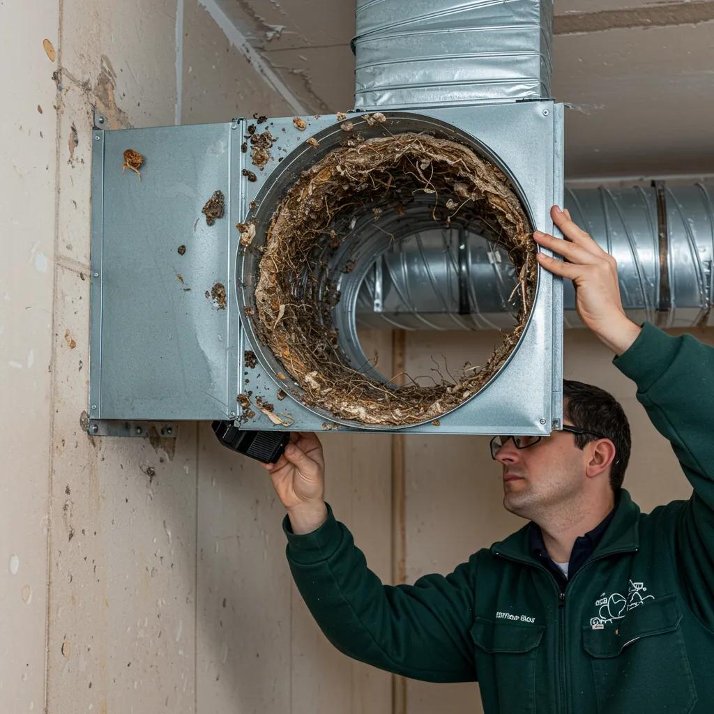 Technician inspecting air duct filled with debris and nesting materials, highlighting urgent need for cleaning and pest remediation.