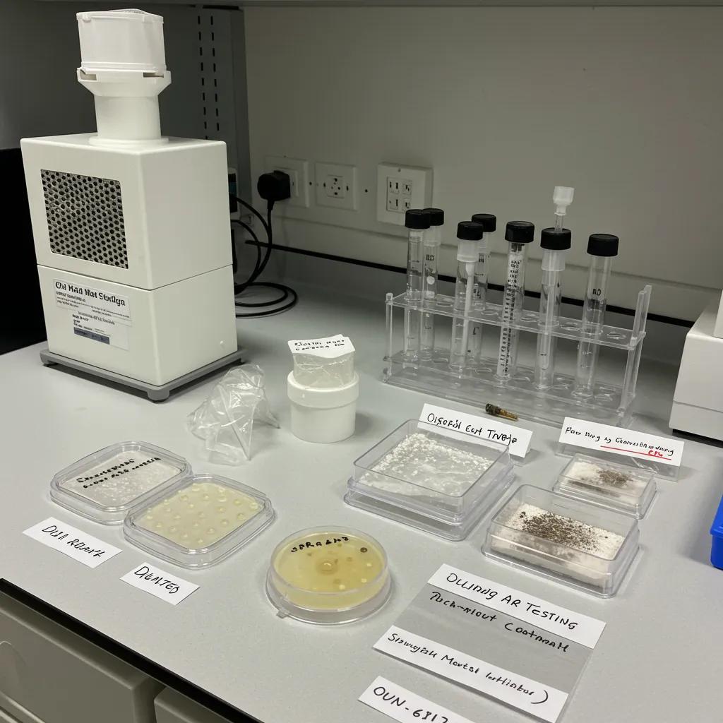 Laboratory setup for mold air testing, featuring a spore trap machine, petri dishes with various mold samples, labeled test tubes, and containers for air sample analysis, illustrating essential equipment for indoor air quality assessment.