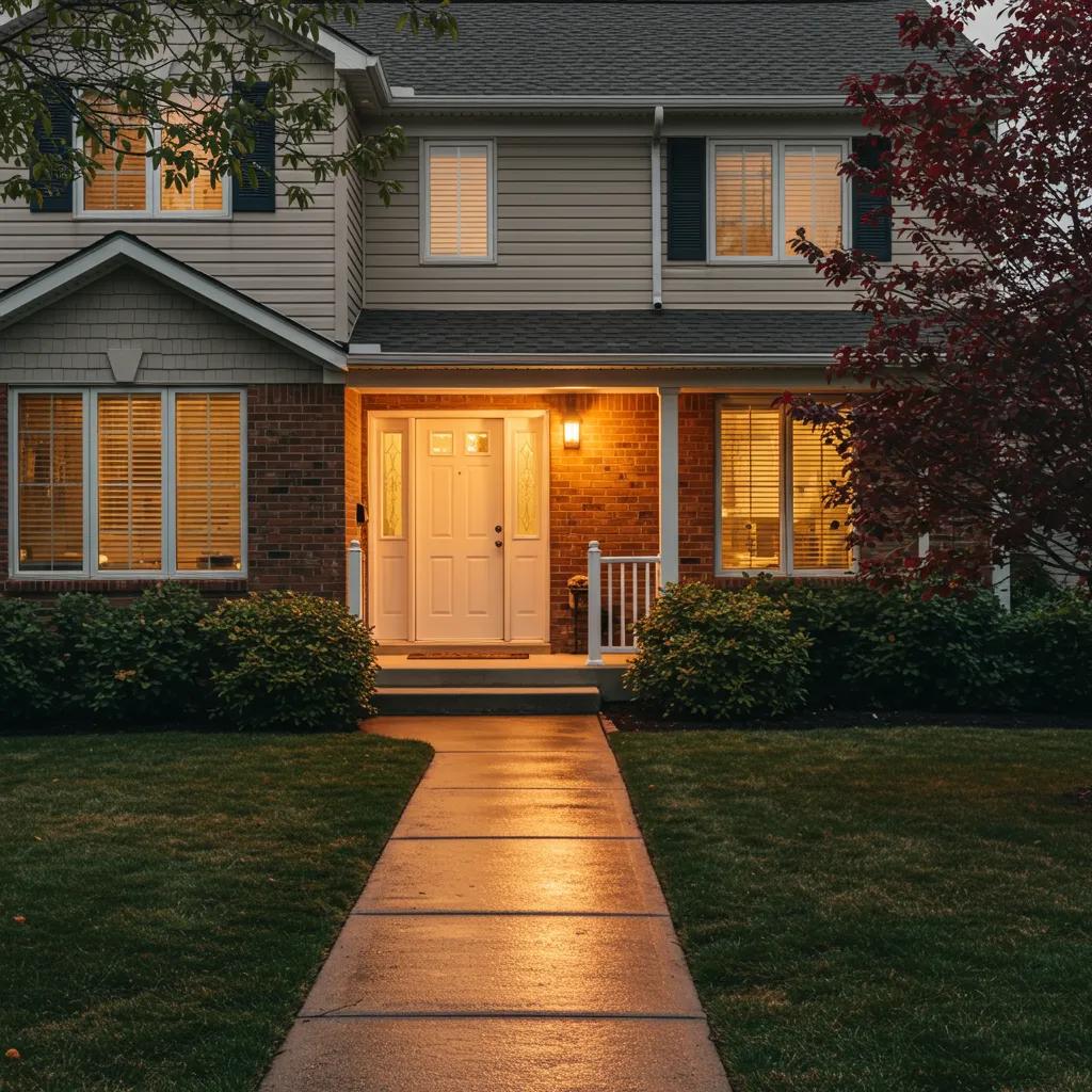 Well-maintained home exterior with organized yard, clear access pathway, and illuminated entryway, representing essential preparation for a pre-listing inspection.