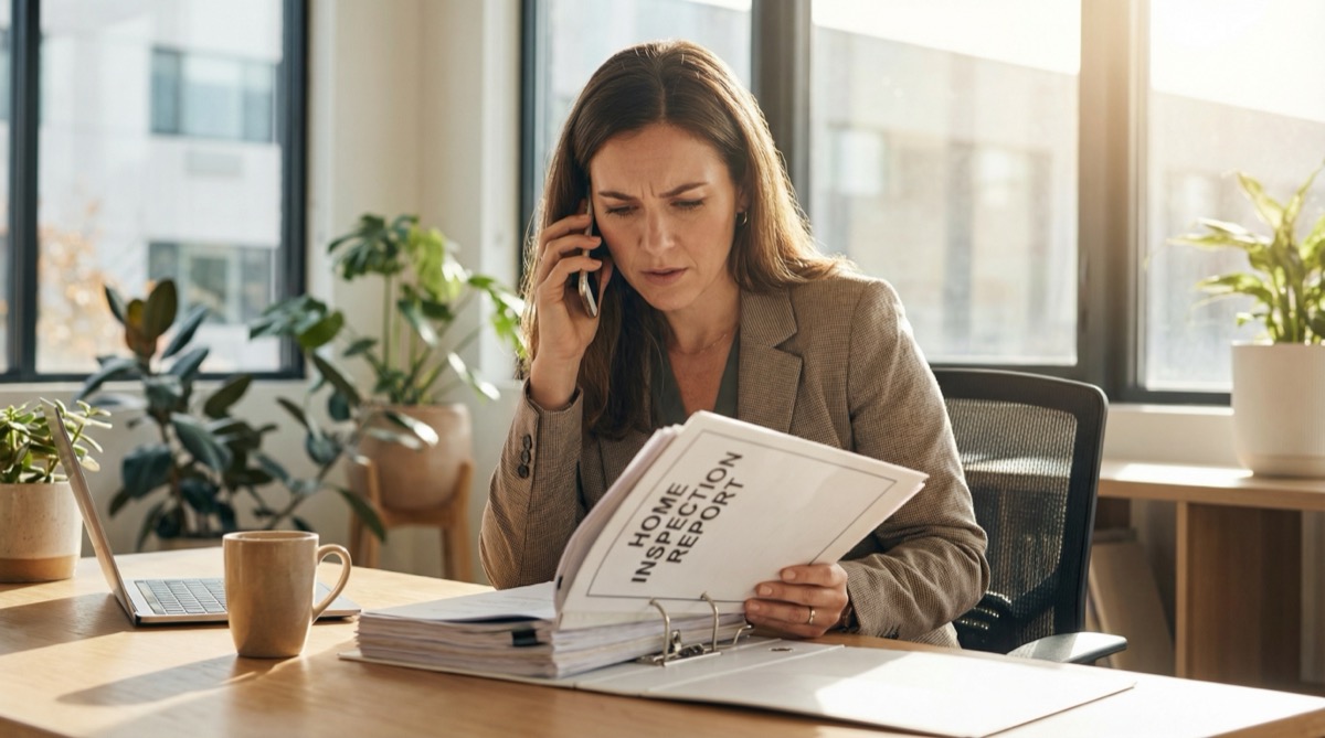 Real estate agent reviewing inspection report on phone call with client