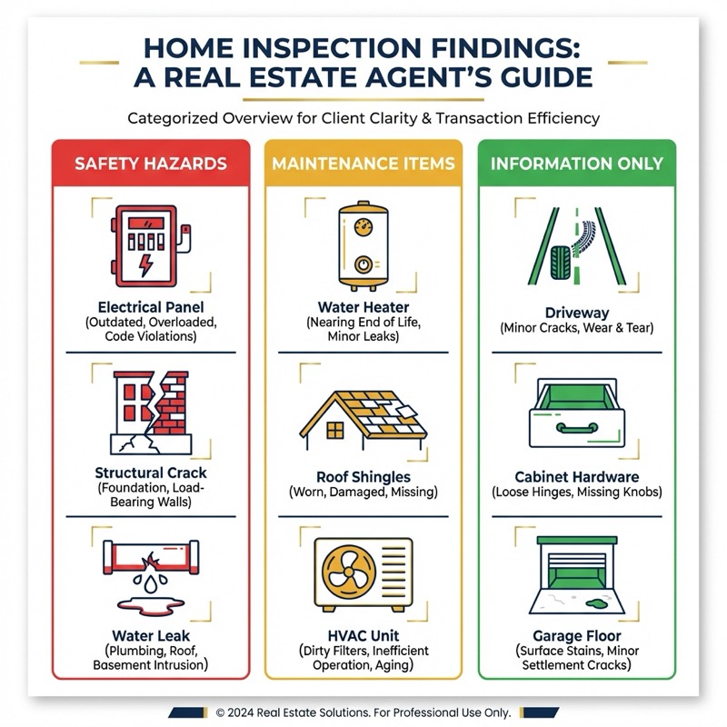 Three categories of inspection findings: safety hazards, maintenance items, and information only