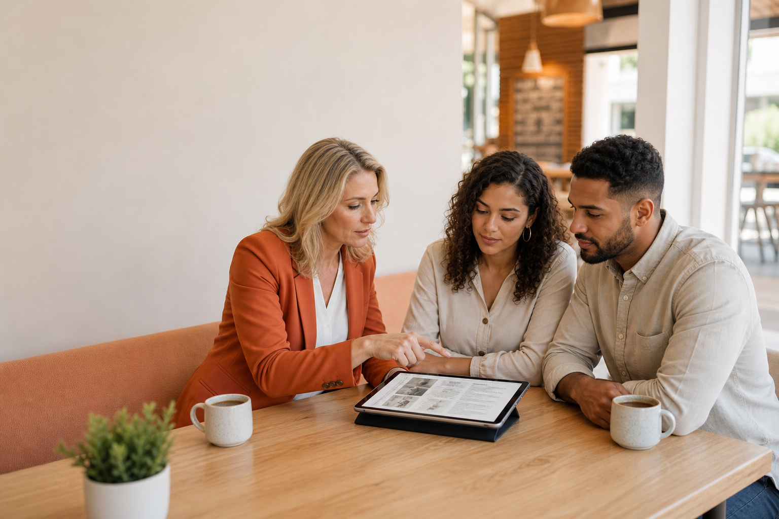 A calm real estate agent reviewing a home inspection report with buyers in a coffee shop