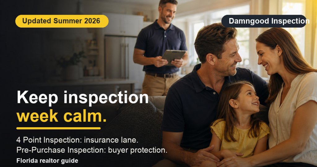 Family in a calm Florida home with a Damngood inspector nearby, explaining inspection week clarity for agents and buyers