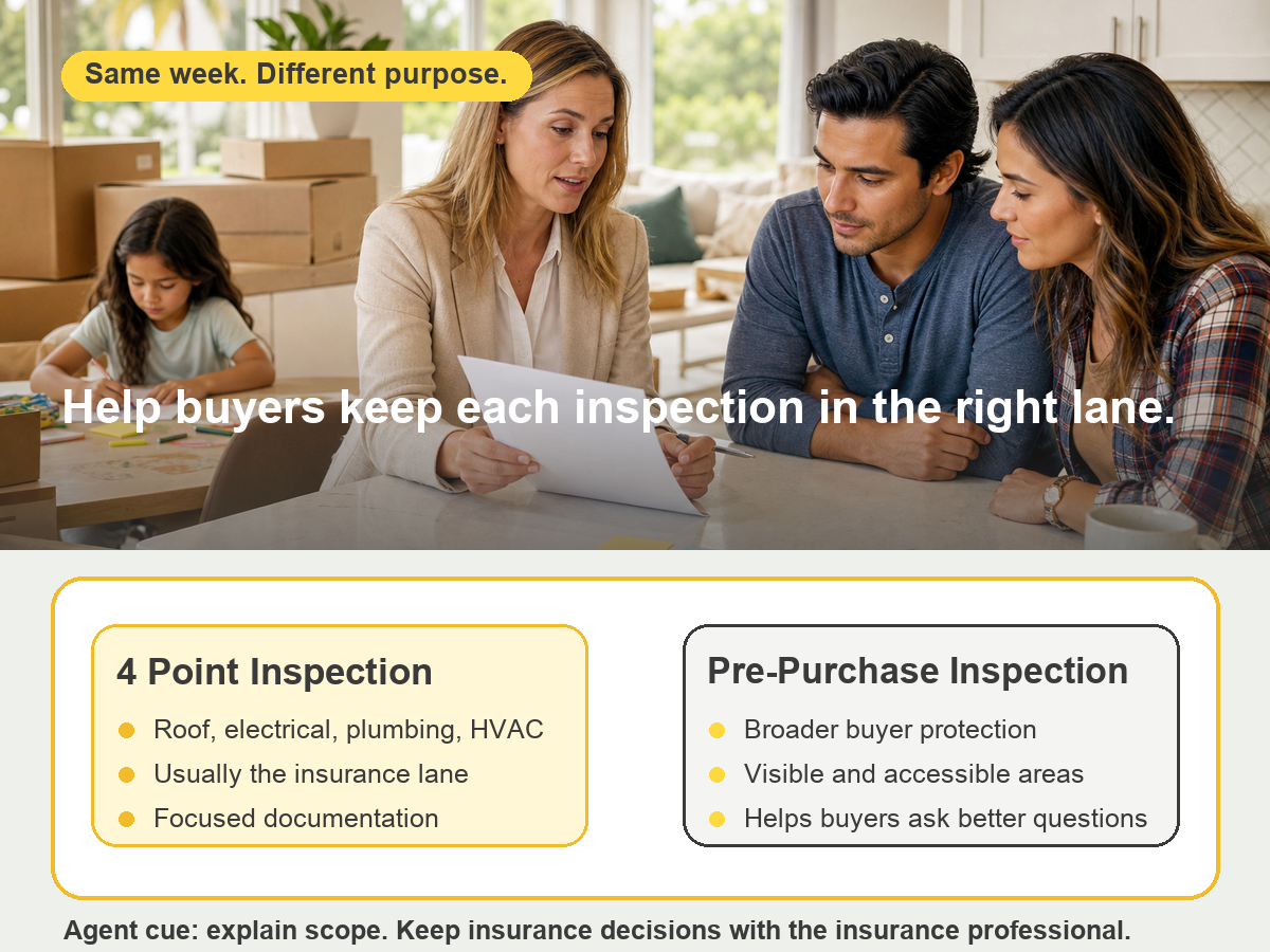 Comparison graphic showing that a 4 Point Inspection covers roof electrical plumbing and HVAC while a Pre-Purchase Inspection gives the buyer a broader property view