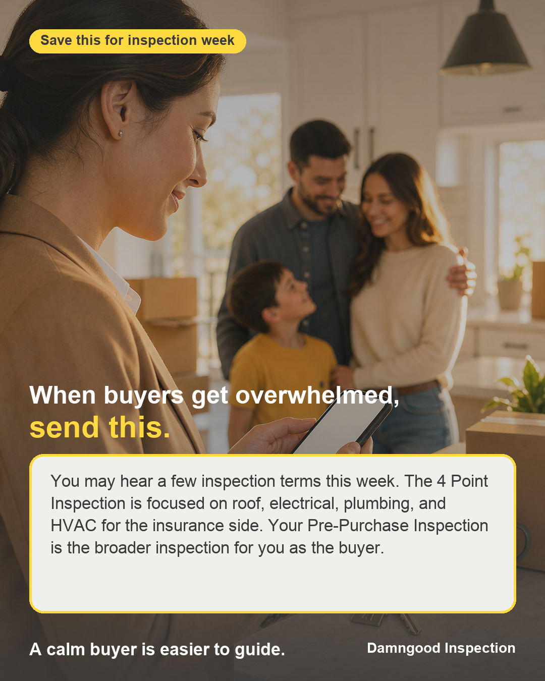 Copy and paste message agents can send when buyers get overwhelmed by 4 Point Inspection Wind Mitigation Inspection and Pre-Purchase Inspection terms
